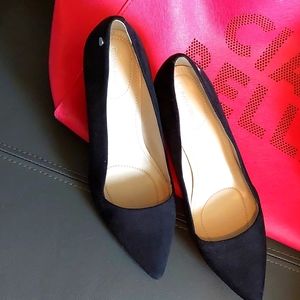 Calvin Klein Black Suede and Gloss Bala Wedge 3 Inch Heels Size 9.5